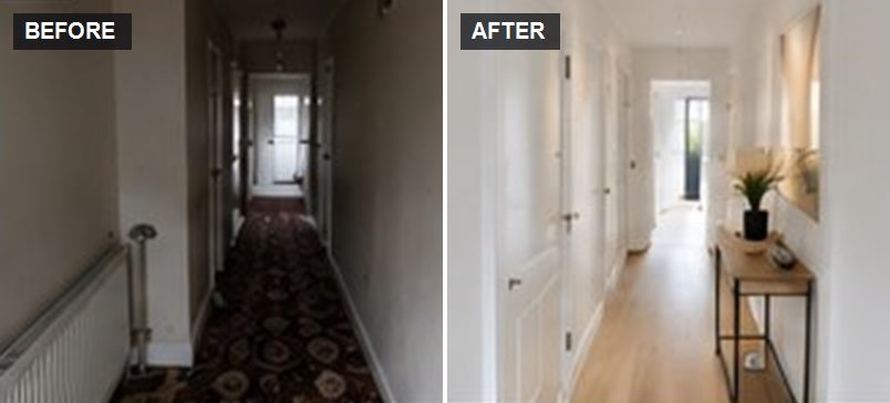 Hallway before and after a full refurbishment