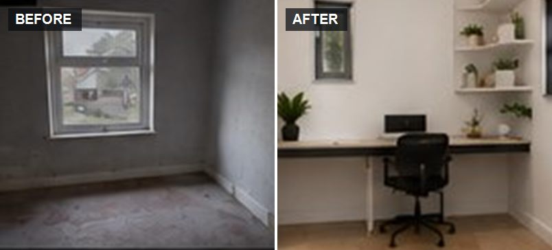 Empty room before and after conversion into a home office