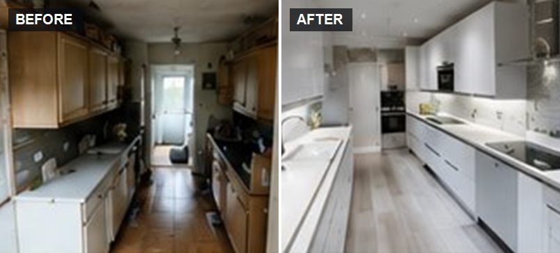 Galley kitchen before and after a full renovation