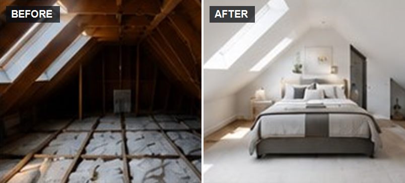Attic before and after conversion into a bright loft bedroom