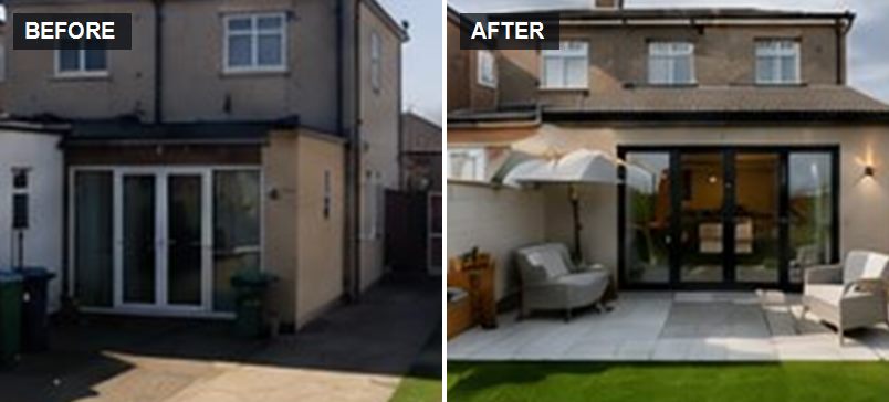 Rear of a house before and after a glazed rear extension