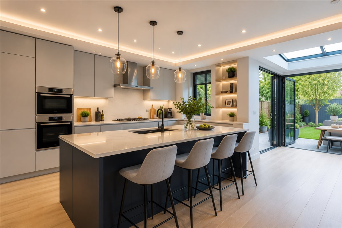 Modern open-plan kitchen extension with island and bifold doors to the garden