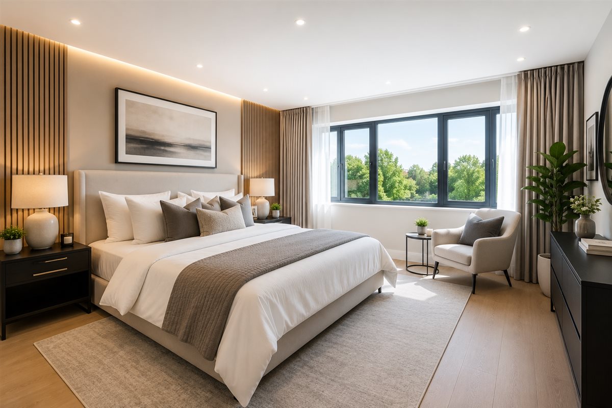 Modern light-filled loft master bedroom with panelled feature wall